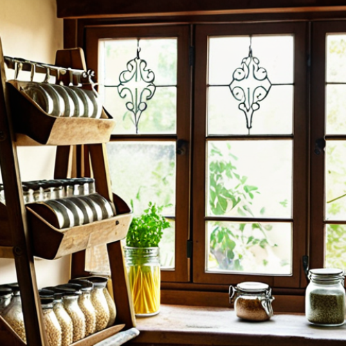 **

A creatively repurposed wooden ladder serving as a vertical spice rack in a cozy Italian kitchen. Glass jars, some painted with chalkboard paint, hold pasta, rice, and herbs. Sunlight streams through a window, highlighting the rustic charm.

**