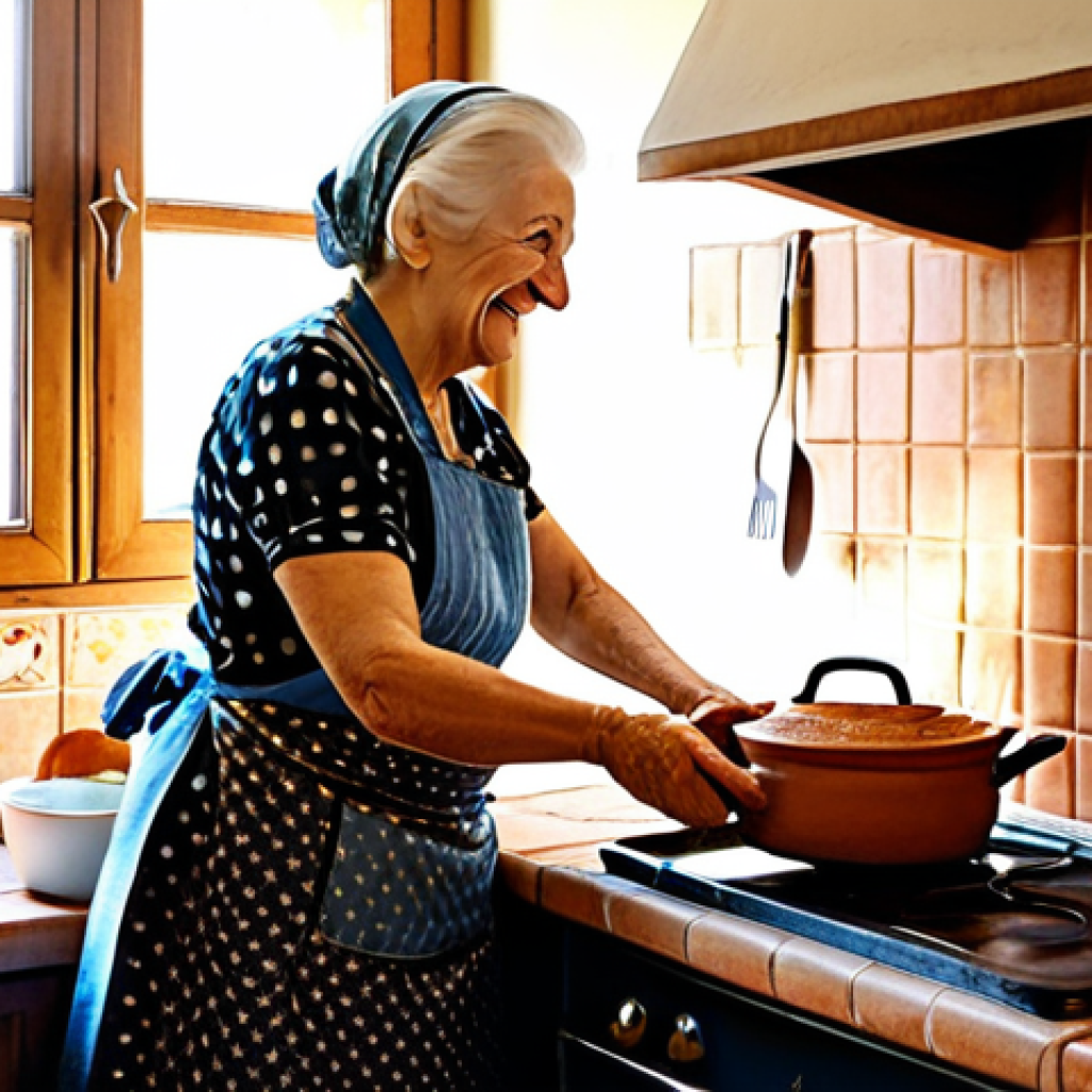 A Traditional Italian Kitchen Scene**

"A warm, inviting Italian kitchen. An older woman, *nonna* style, fully clothed in a floral apron and modest dress, smiles as she pulls a ceramic baking dish filled with lasagna from a rustic oven. The kitchen features terracotta tiles, copper pots hanging on the wall, and sunlight streaming through a window. Safe for work, appropriate content, family-friendly, perfect anatomy, natural proportions, professional food photography, high quality."

**