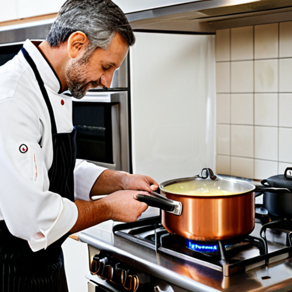 Agnelli Copper Pot Cooking Scene**

"A professional chef in a clean, well-lit Italian kitchen using a gleaming Agnelli copper pot on a gas stove, fully clothed, appropriate attire, safe for work. The pot contains a simmering sauce, steam rising gently, perfect anatomy, correct proportions, natural pose, professional food photography, high quality, modest kitchen setting, family-friendly."

**