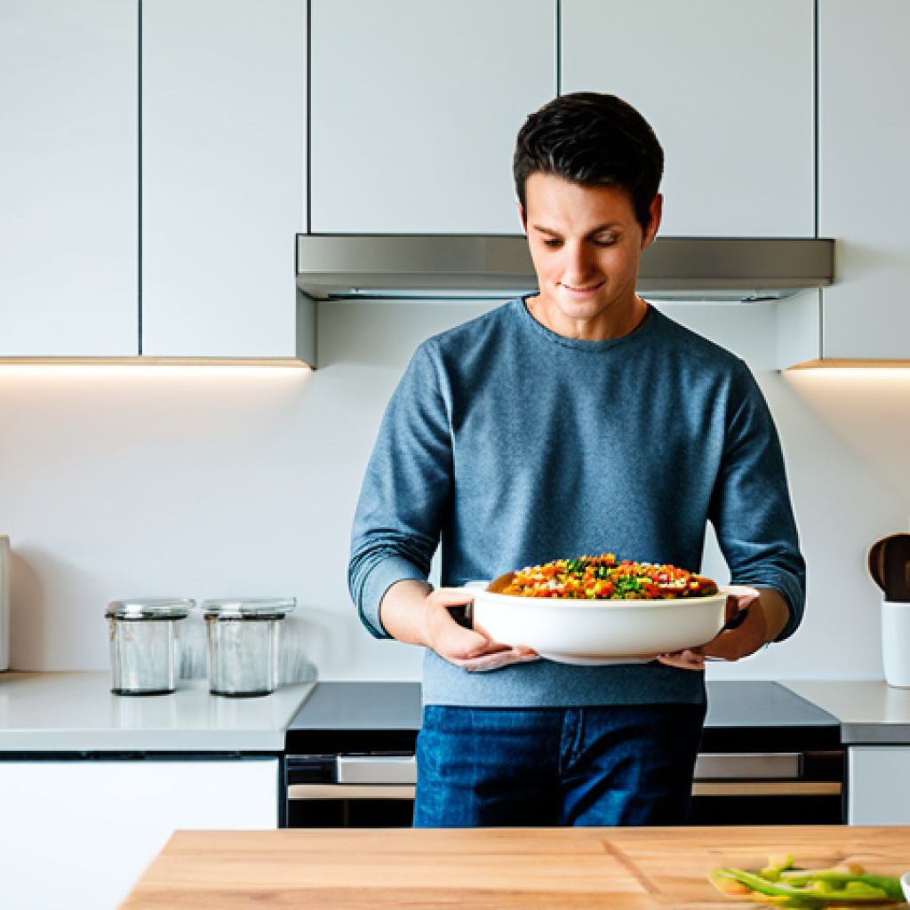 Efficient Kitchen - Microwave Focus**

"A modern, bright kitchen scene. A person is placing a covered dish inside a microwave. The microwave is sleek and modern. Around it are clean countertops, minimalist decor, and perhaps a glimpse of a cookbook.  Emphasis on efficiency and cleanliness.  Fully clothed, appropriate attire, safe for work, professional photography, perfect anatomy, natural proportions, modest kitchen setting, family-friendly, appropriate content."

**