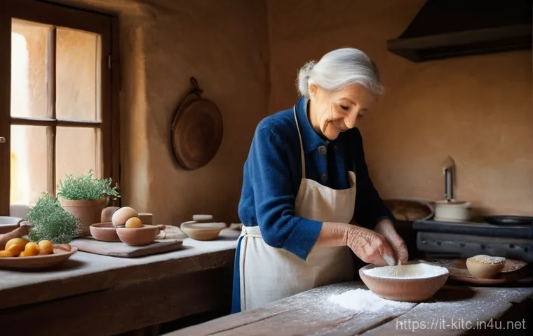 다용도 계량컵과 일반 계량컵 비교 - **Prompt:** A heartwarming scene in a rustic Italian kitchen, bathed in soft, natural light. An elde...