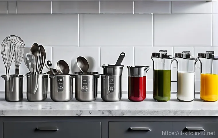 다용도 계량컵과 일반 계량컵 비교 - **Prompt:** A sleek, minimalist, and bright modern Italian kitchen. A young, casually but fully clot...