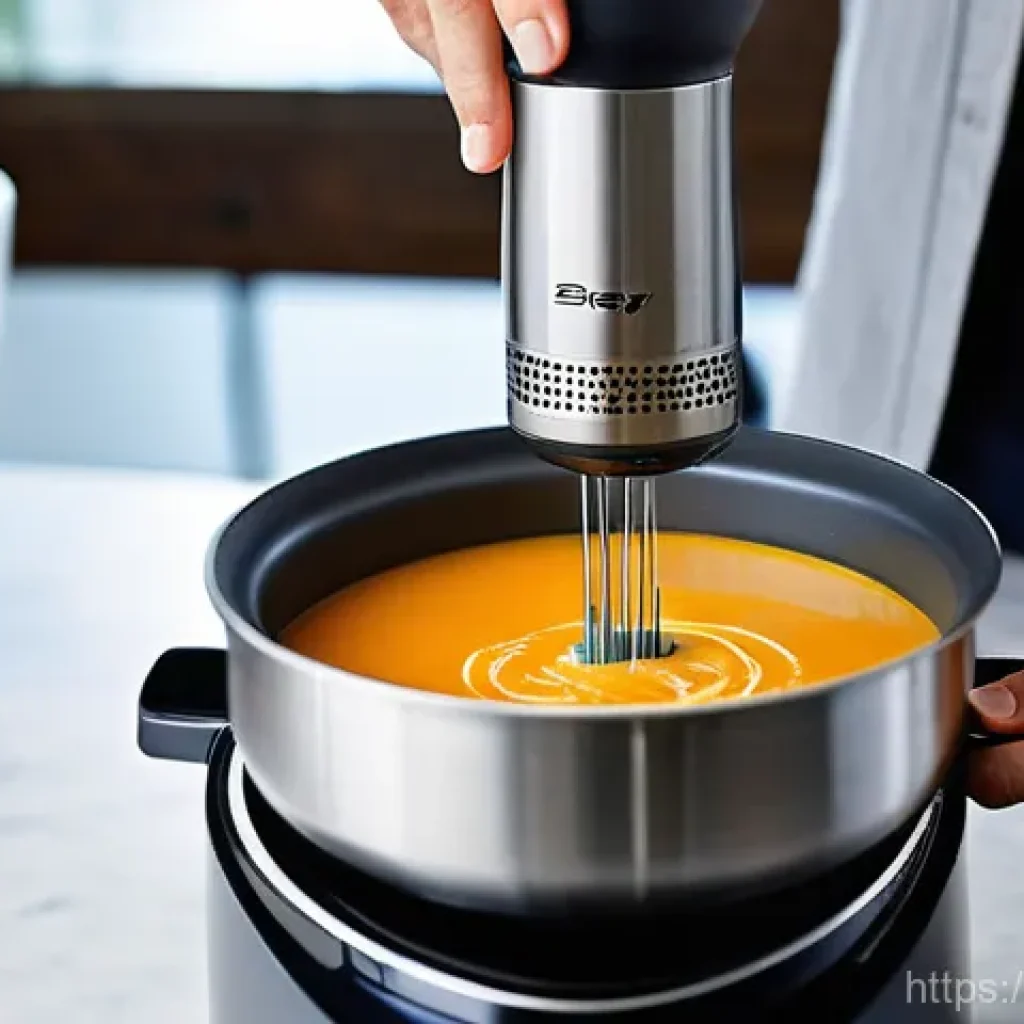 주방 핸드블렌더의 장단점 - **Versatile Kitchen Companion: Creamy Soup Preparation**
    A vibrant, high-angle close-up shot of ...