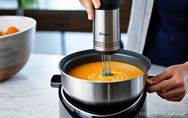 주방 핸드블렌더의 장단점 - **Versatile Kitchen Companion: Creamy Soup Preparation**
    A vibrant, high-angle close-up shot of ...