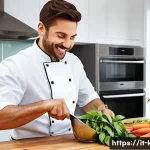 Home 22 주방용 절단기와 슬라이서 비교 - **Prompt 1: The Versatile Chopper in Action**
"A cheerful home chef, wearing a clean, modern apr...