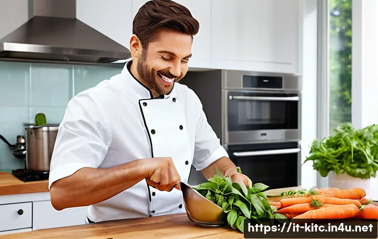 주방용 절단기와 슬라이서 비교 - **Prompt 1: The Versatile Chopper in Action**
    "A cheerful home chef, wearing a clean, modern apr...