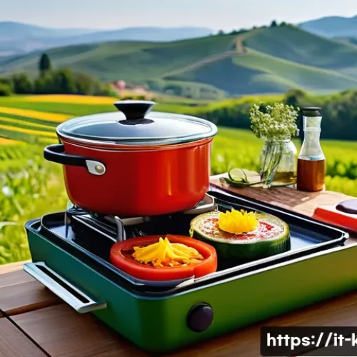 Home 33 휴대용 캠핑용 주방 도구 추천 - **A Modern Camping Culinary Experience:** A vibrant, eye-level shot of a contemporary portable campi...