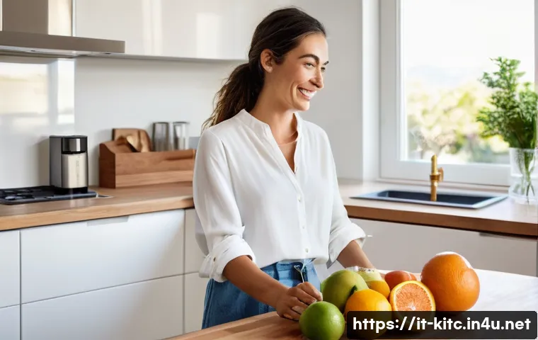 최신 기술의 무선 믹서기 추천 - **"Freedom in the Kitchen"**: A vibrant, sun-drenched Italian kitchen in a modern home. A young woma...