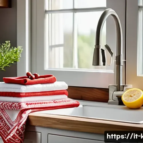 Home 17 다목적 주방 타월의 활용법 - A cozy Italian kitchen scene featuring a thick, high-quality cotton kitchen towel hanging on a rusti...