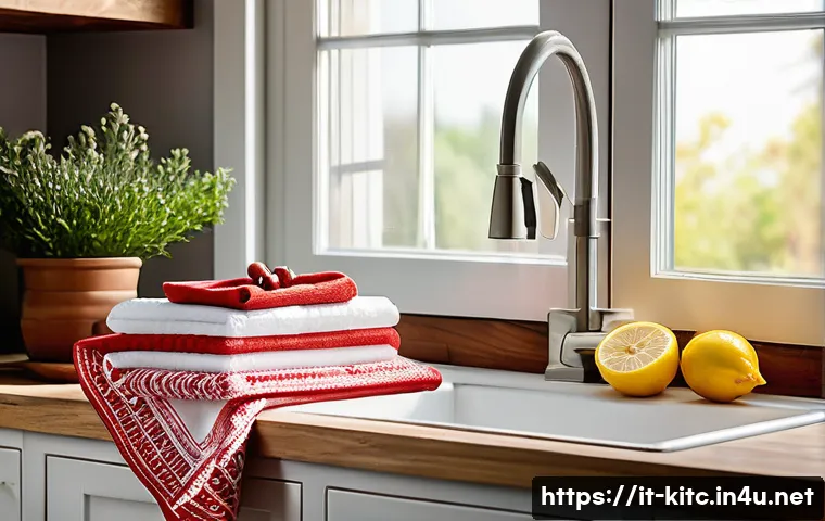 다목적 주방 타월의 활용법 - A cozy Italian kitchen scene featuring a thick, high-quality cotton kitchen towel hanging on a rusti...