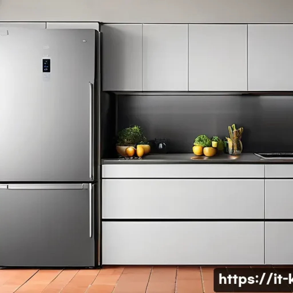 주방가전 에너지 효율 등급 비교 - A modern Italian kitchen scene featuring a sleek refrigerator, electric oven, and dishwasher, each p...