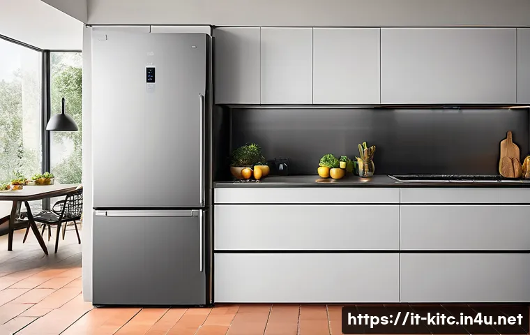 주방가전 에너지 효율 등급 비교 - A modern Italian kitchen scene featuring a sleek refrigerator, electric oven, and dishwasher, each p...