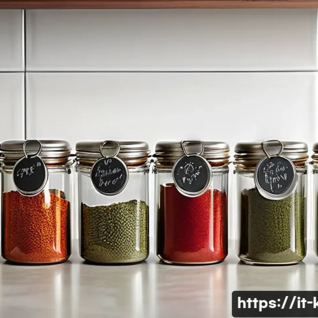 주방 조미료 정리 아이디어 - A bright and modern Italian kitchen interior featuring neatly arranged transparent spice containers ...
