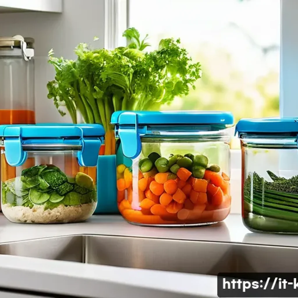 친환경 밀폐 용기 추천 - A bright, modern kitchen countertop featuring a set of airtight recycled glass containers filled wit...
