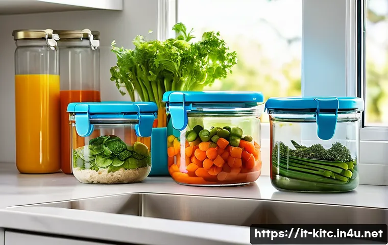 친환경 밀폐 용기 추천 - A bright, modern kitchen countertop featuring a set of airtight recycled glass containers filled wit...