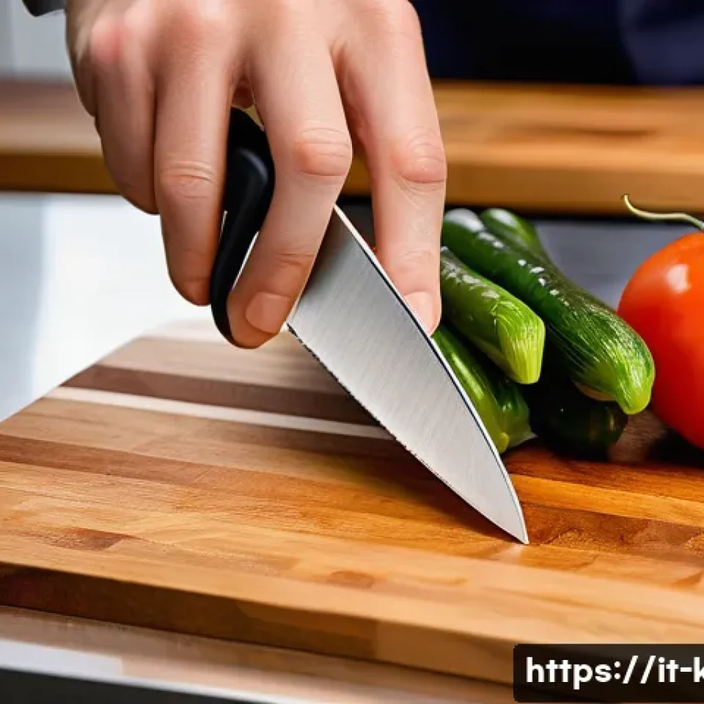 주방용 손가락 보호기구 추천 - A close-up view of a professional chef’s hand wearing a stainless steel finger guard while slicing f...