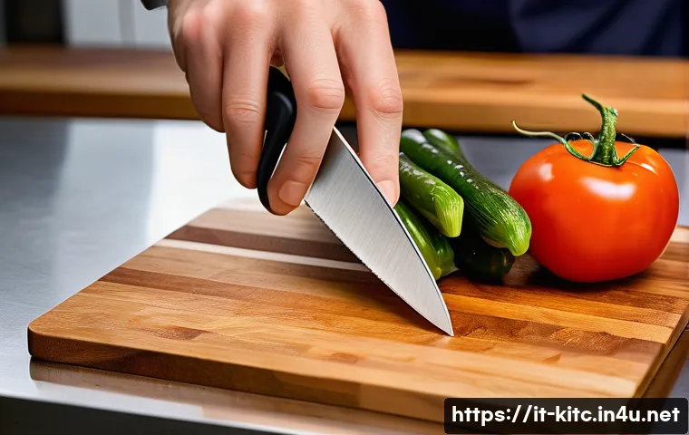 주방용 손가락 보호기구 추천 - A close-up view of a professional chef’s hand wearing a stainless steel finger guard while slicing f...