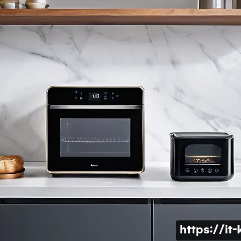 소형 스마트 주방가전 추천 - A modern small kitchen interior featuring compact smart appliances neatly arranged on a sleek counte...