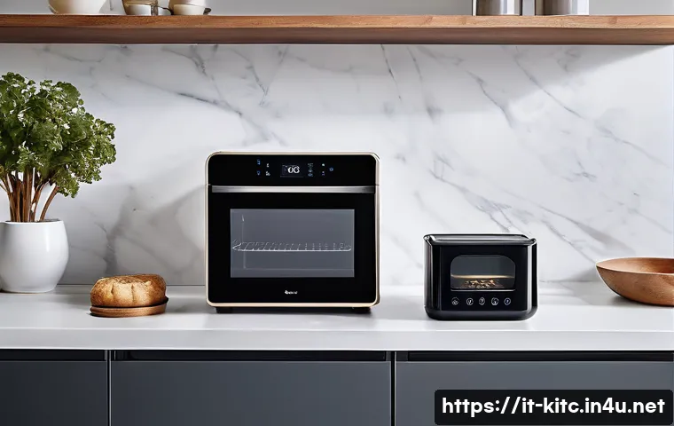 소형 스마트 주방가전 추천 - A modern small kitchen interior featuring compact smart appliances neatly arranged on a sleek counte...