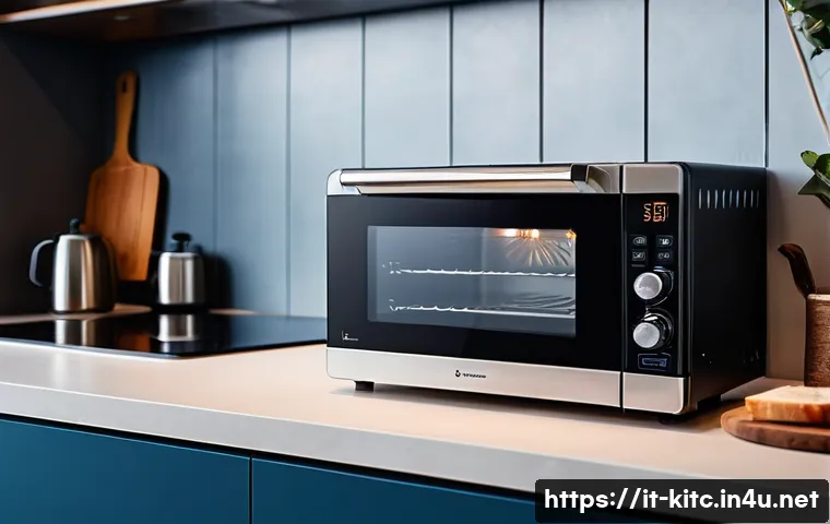 다기능 미니 오븐 추천 - A sleek, modern multifunction mini oven in a compact kitchen setting, featuring a stainless steel ex...