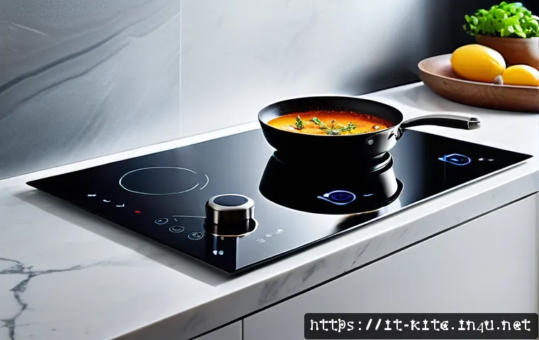 인덕션 레인지와 가스레인지 비교 - A modern Italian kitchen scene featuring a sleek black induction cooktop with a glass-ceramic surfac...