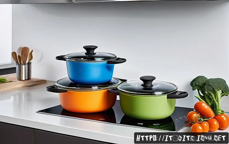 전자레인지용 냄비와 일반 냄비 비교 - A modern kitchen countertop scene featuring a variety of microwave-safe cookware made from heat-resi...