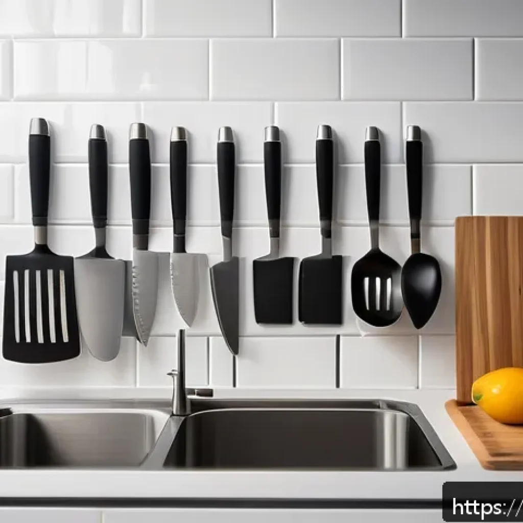 효율적인 주방 정리 도구 추천 - A modern kitchen interior featuring a sleek stainless steel magnetic knife rack mounted on a white t...