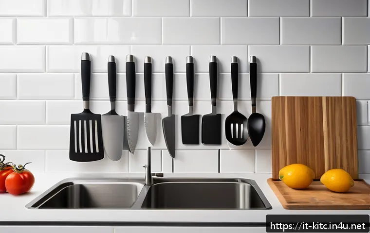 효율적인 주방 정리 도구 추천 - A modern kitchen interior featuring a sleek stainless steel magnetic knife rack mounted on a white t...