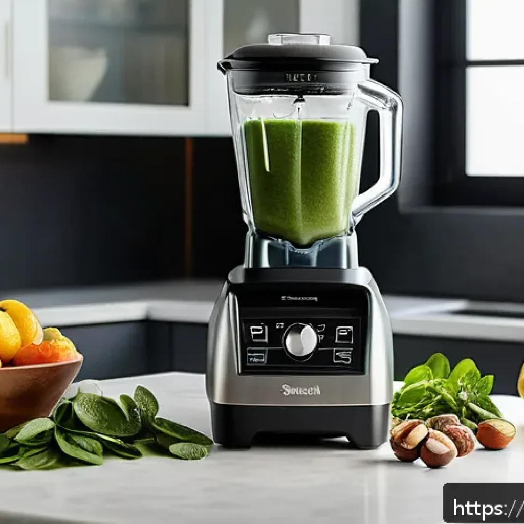 초고속 스마트 믹서기 활용 팁 - A vibrant kitchen scene showcasing a sleek, superfast blender with a powerful 1500-watt motor and a ...
