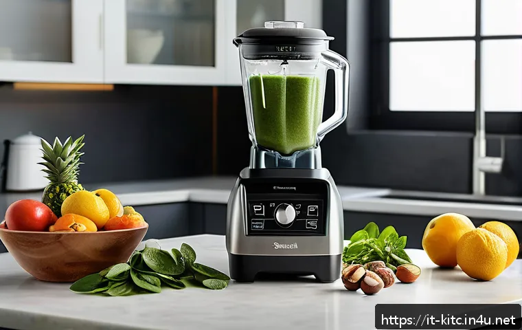 초고속 스마트 믹서기 활용 팁 - A vibrant kitchen scene showcasing a sleek, superfast blender with a powerful 1500-watt motor and a ...