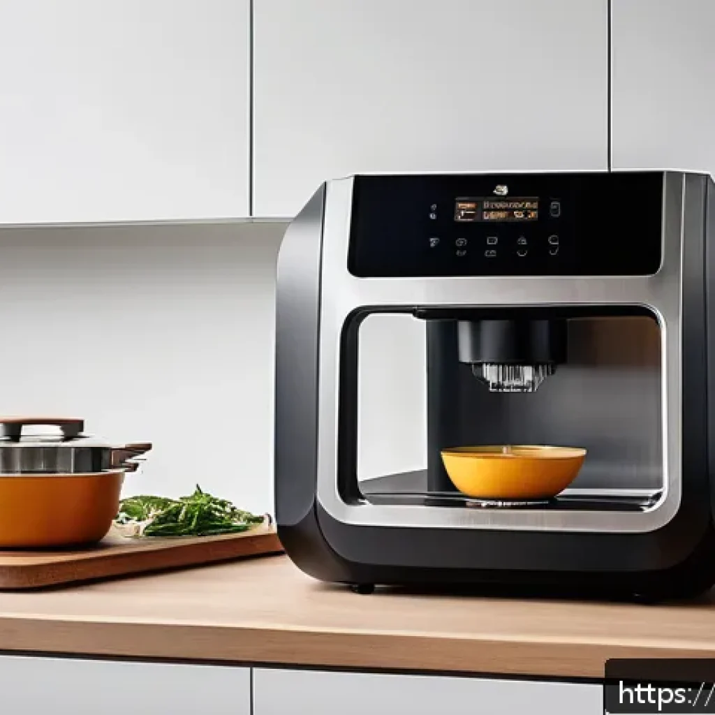 스마트 조리 도구의 장점 - A modern Italian kitchen interior featuring a sleek, compact smart multifunctional cooking robot on ...