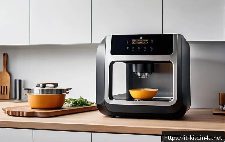 스마트 조리 도구의 장점 - A modern Italian kitchen interior featuring a sleek, compact smart multifunctional cooking robot on ...