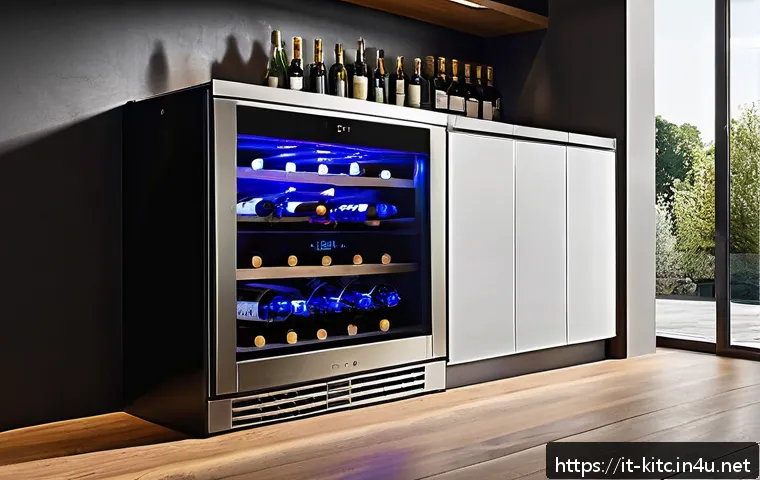 스마트 와인 셀러의 장점 - A modern, elegant smart wine cellar integrated seamlessly into a stylish Italian kitchen, featuring ...
