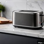 Home 21 스마트 토스터와 일반 토스터 비교 - A modern kitchen scene featuring a sleek smart toaster with stainless steel finish and digital touch...