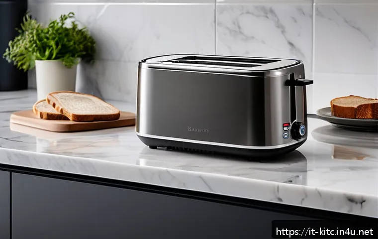스마트 토스터와 일반 토스터 비교 - A modern kitchen scene featuring a sleek smart toaster with stainless steel finish and digital touch...