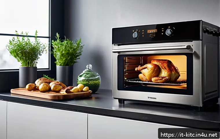 다기능 오븐의 활용법 - A modern multifunction oven kitchen scene with a sleek stainless steel oven displaying digital contr...