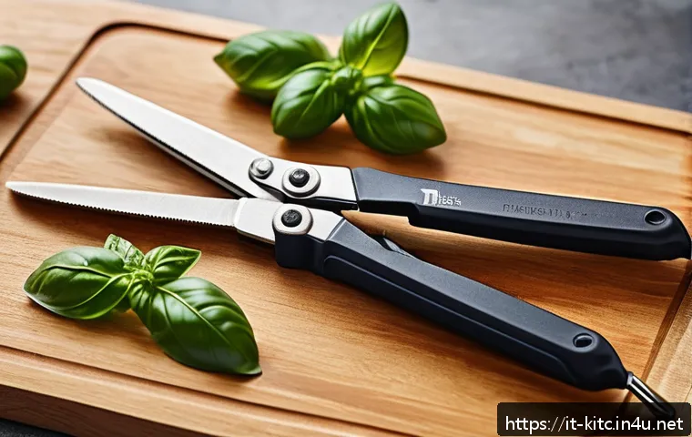 다목적 주방 가위 추천 - A close-up image of a high-quality multifunctional kitchen scissors set on a rustic Italian kitchen ...