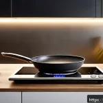 Home 18 스마트 후라이팬의 장점 - A modern kitchen scene featuring a sleek smart frying pan on an induction cooktop, displaying a digi...
