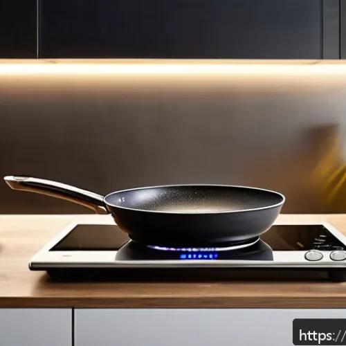 Home 30 스마트 후라이팬의 장점 - A modern kitchen scene featuring a sleek smart frying pan on an induction cooktop, displaying a digi...