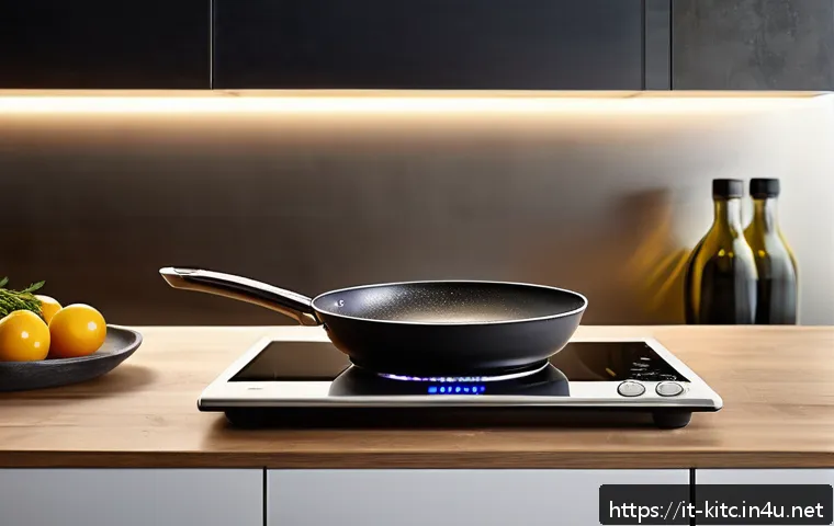 스마트 후라이팬의 장점 - A modern kitchen scene featuring a sleek smart frying pan on an induction cooktop, displaying a digi...