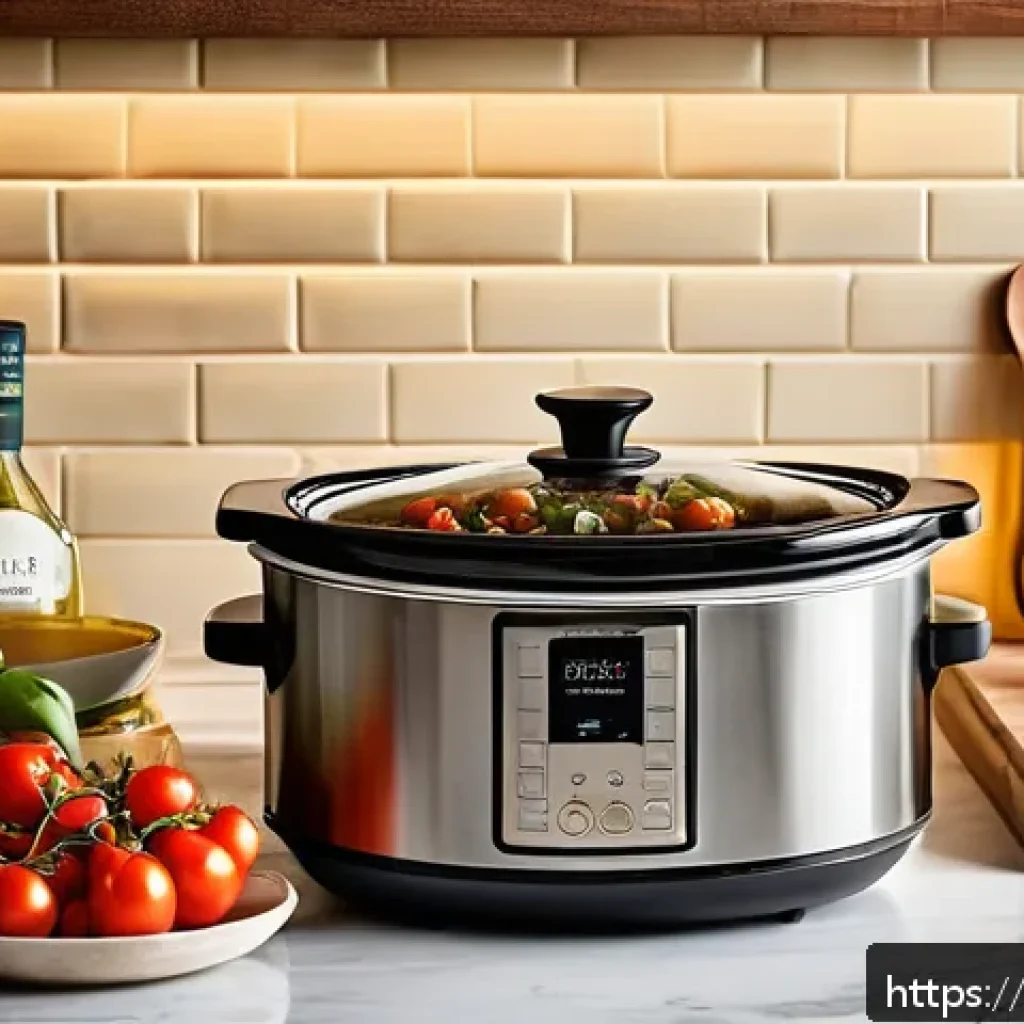 최고의 다기능 슬로우쿠커 추천 - A modern Italian kitchen scene featuring a sleek 6-liter slow cooker with a ceramic inner pot, place...
