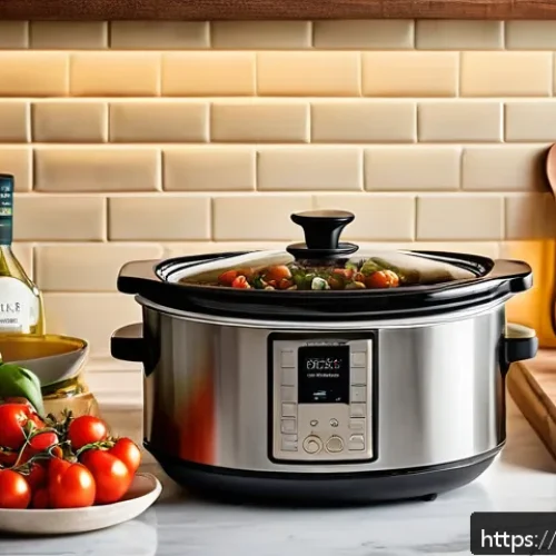 Home 17 최고의 다기능 슬로우쿠커 추천 - A modern Italian kitchen scene featuring a sleek 6-liter slow cooker with a ceramic inner pot, place...