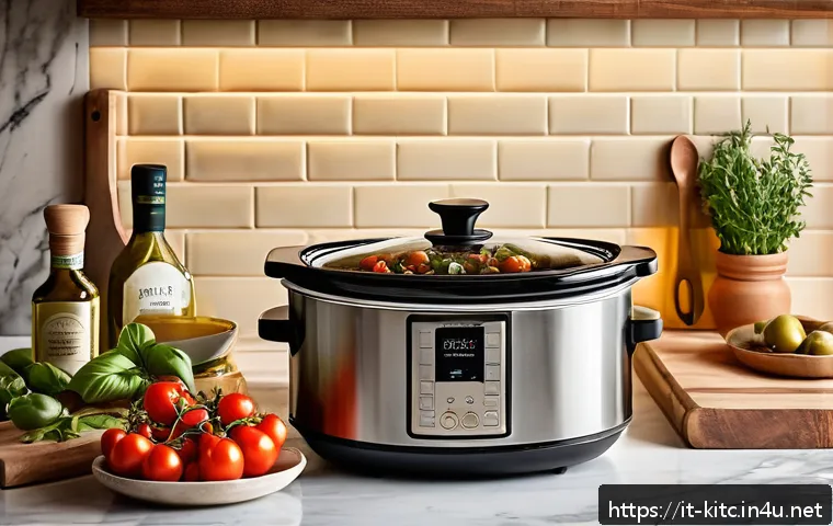 최고의 다기능 슬로우쿠커 추천 - A modern Italian kitchen scene featuring a sleek 6-liter slow cooker with a ceramic inner pot, place...