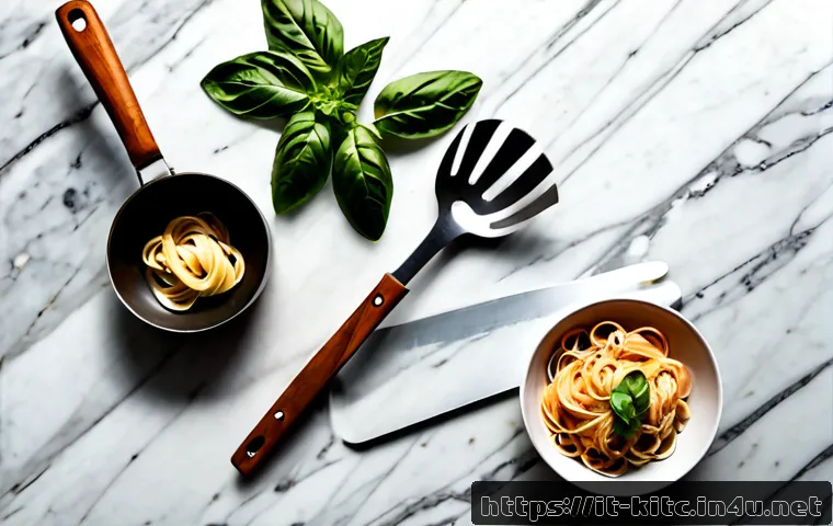 주방 조리 도구 세트 추천 - Photorealistic overhead flat lay of a premium kitchen utensil set neatly arranged on a warm Italian ...